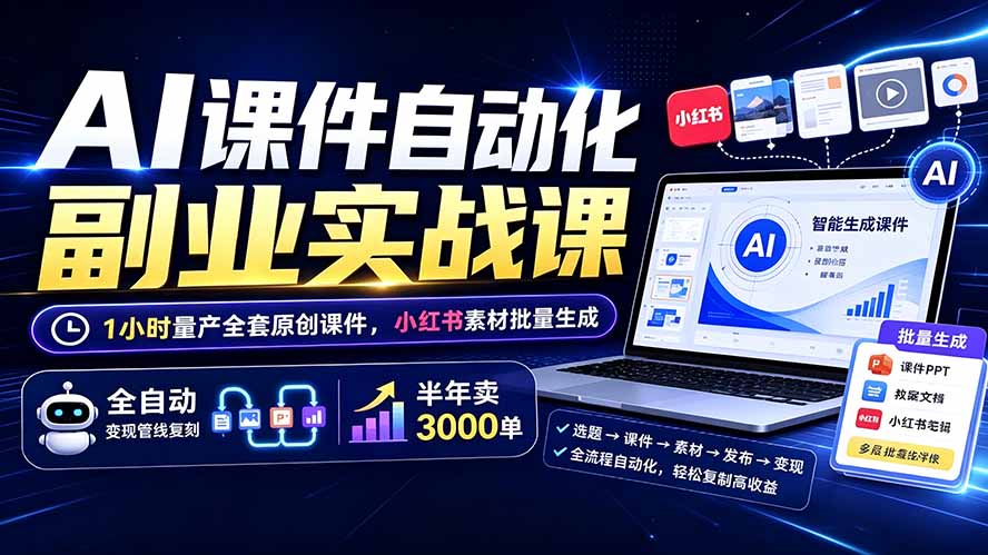 AI课件自动化副业实战课:1小时量产全套原创课件×小红书素材批量生成×全自动变现管线×半年卖3000单-吾爱自习网