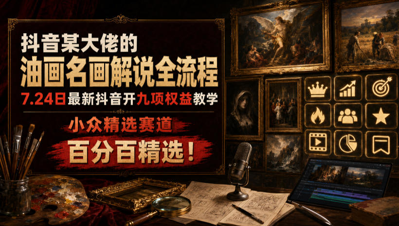 抖音某大佬的油画名画解说全流程,7.24日最新抖音开九项权益教学,小众精选赛道,百分百精选!-吾爱自习网