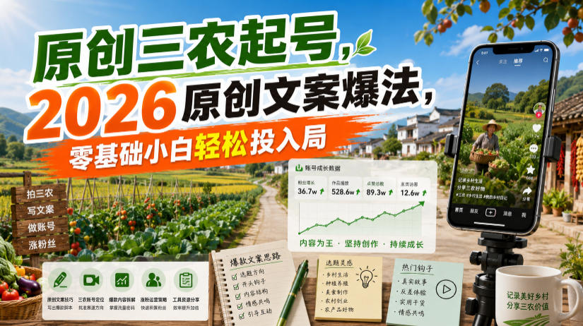 原创三农起号，2026原创文案爆法，零基础小白轻松投入局-吾爱自习网