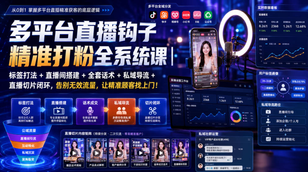 多平台直播钩子精准打粉全系统课｜标签打法+直播间搭建+全套话术+私域导流+直播切片闭环，告别无效流量，让精准顾客找上门！-吾爱自习网