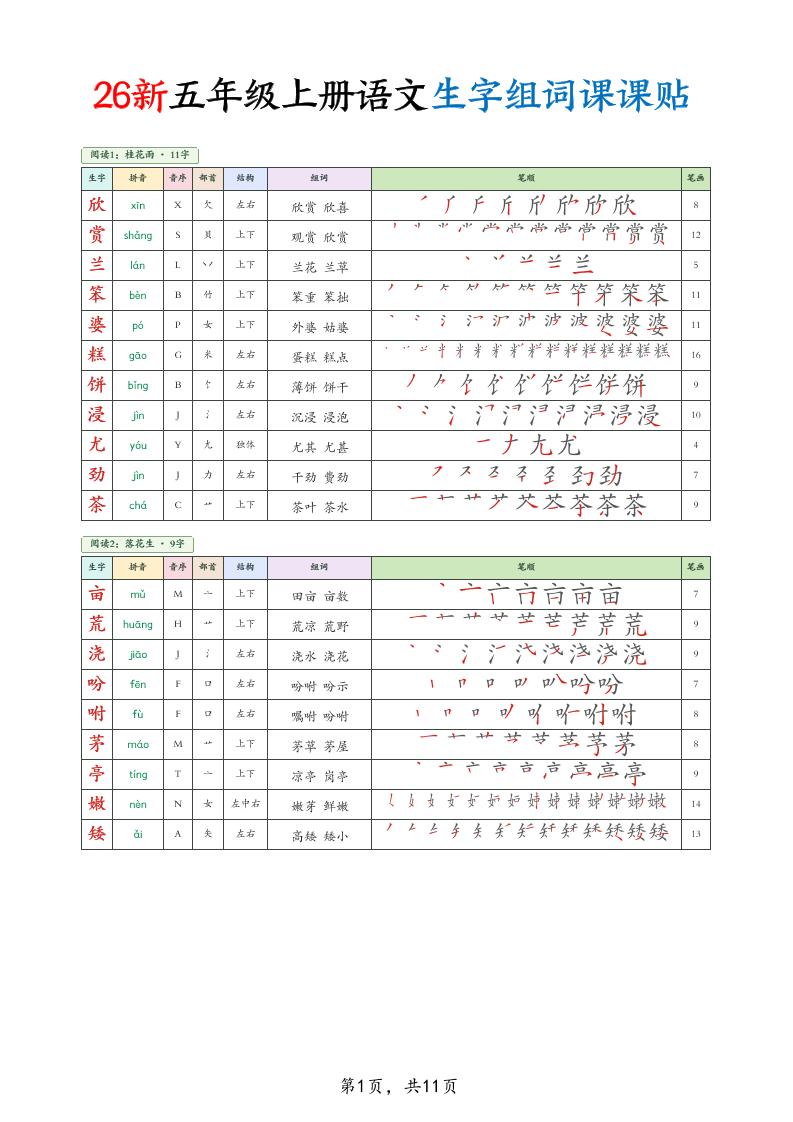 26新五上语文生字组词课课贴11页-吾爱自习网