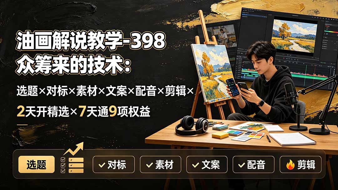 油画解说教学-398众筹来的技术：选题×对标×素材×文案×配音×剪辑×2天开精选×7天通9项权益-旺仔资源库