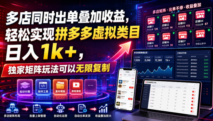 多店同时出单叠加收益，轻松实现拼多多虚拟类目日入1k+，独家矩阵玩法可以无限复制【揭秘】-吾爱自习网