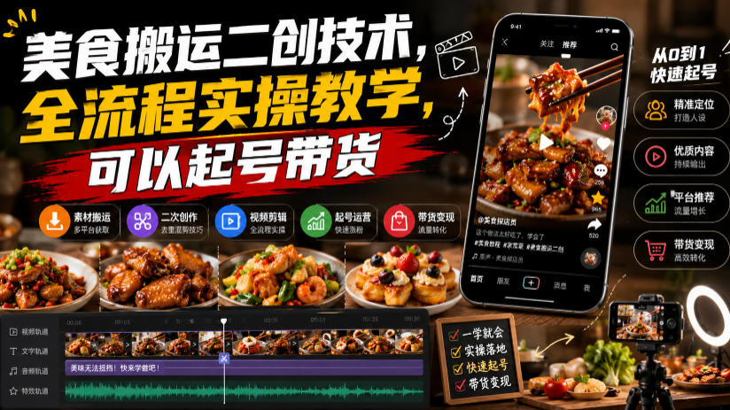 美食搬运二创技术，全流程实操教学，可以起号带货-吾爱自习网