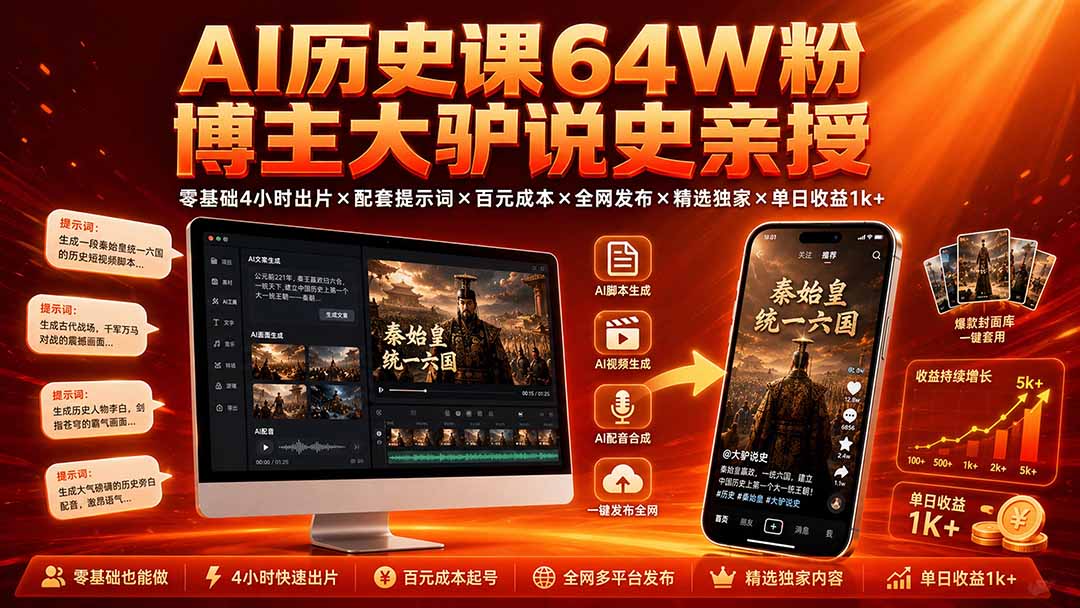 AI历史课64W粉博主大驴说史亲授：零基础4小时出片×配套提示词×百元成本×全网发布×精选独家×单日收益1k+-旺仔资源库
