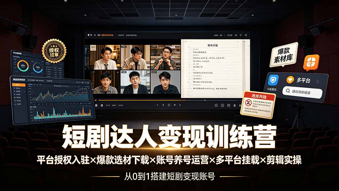 短剧达人变现训练营:平台授权入驻×爆款选材下载×账号养号运营×多平台挂载×剪辑实操×违规处理全流程-旺仔资源库
