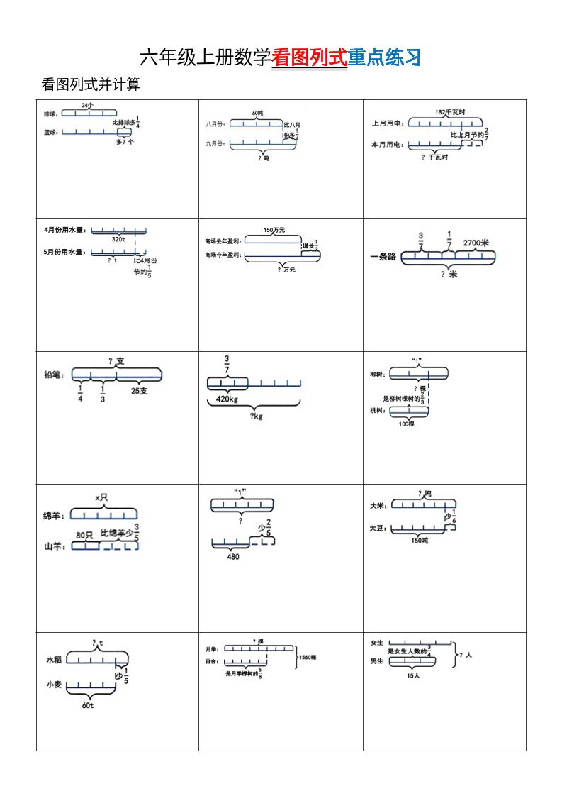 六上数学看图列式单位“1”专项练习-新时光资源网