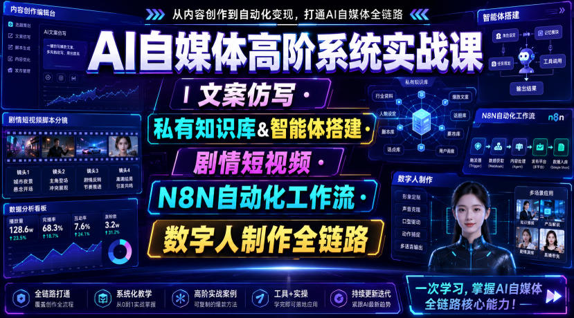 AI自媒体高阶系统实战课｜文案仿写・私有知识库&智能体搭建・剧情短视频・N8N自动化工作流・数字人制作全链路-吾爱自习网