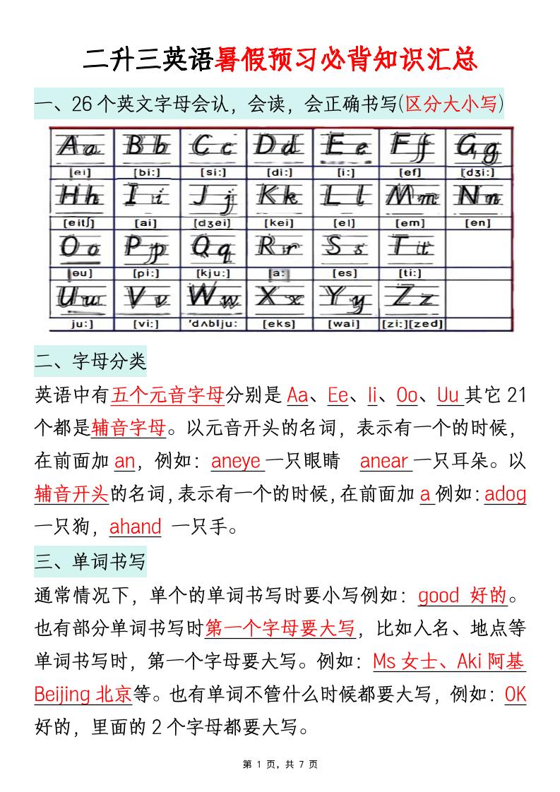 二升三英语暑假预习必背知识汇总通用版-三上英语