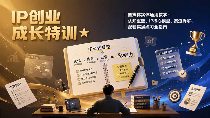 IP创业成长特训★自媒体实体通用教学：认知重塑、IP核心模型、赛道拆解、配套实操练习全指南-吾爱自习网