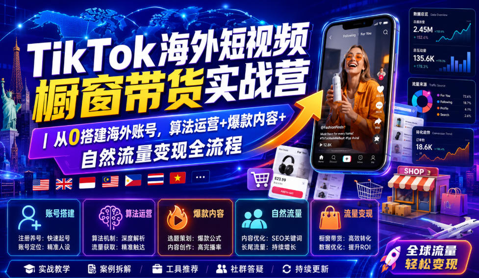 TikTok海外短视频橱窗带货实战营|从0搭建海外账号,算法运营+爆款内容+自然流量变现全流程-小艾项目网