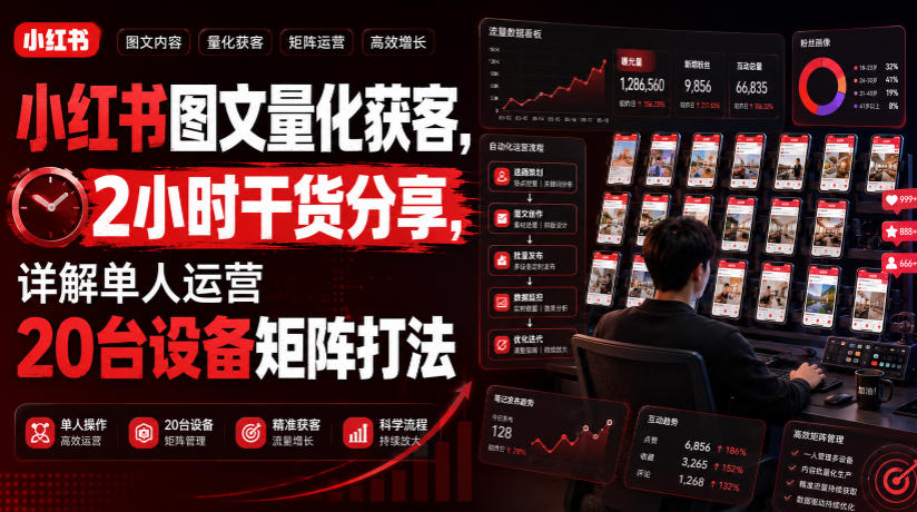 小红书图文量化获客，2小时干货分享，详解单人运营20台设备矩阵打法-吾爱自习网