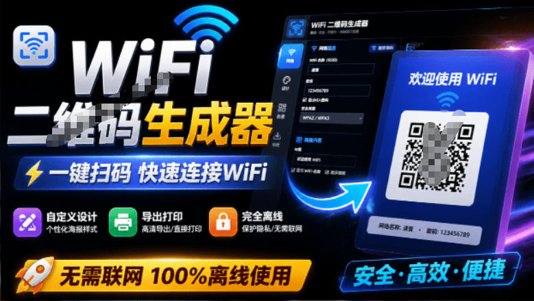 完全离线使用！WiFi二维码生成器，一键扫码快速连接WiFi，支持自定义风格导出WiFi二维码生成器-吾爱自习网