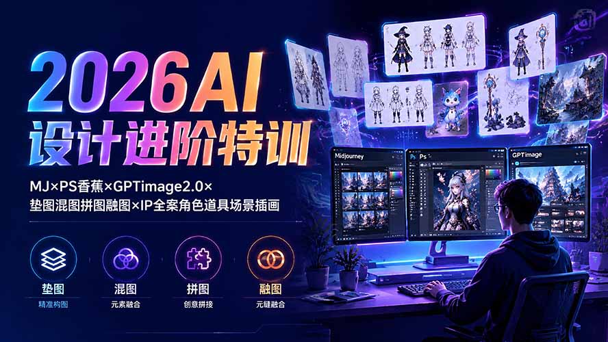 2026AI设计进阶特训：MJ×PS香蕉×GPTimage2.0×垫图混图拼图融图×IP全案角色道具场景插画-吾爱自习网
