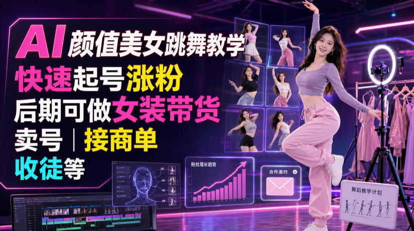 AI颜值美女跳舞教学,快速起号涨粉,后期可做女装带货,卖号,接商单,收徒等-吾爱自习网