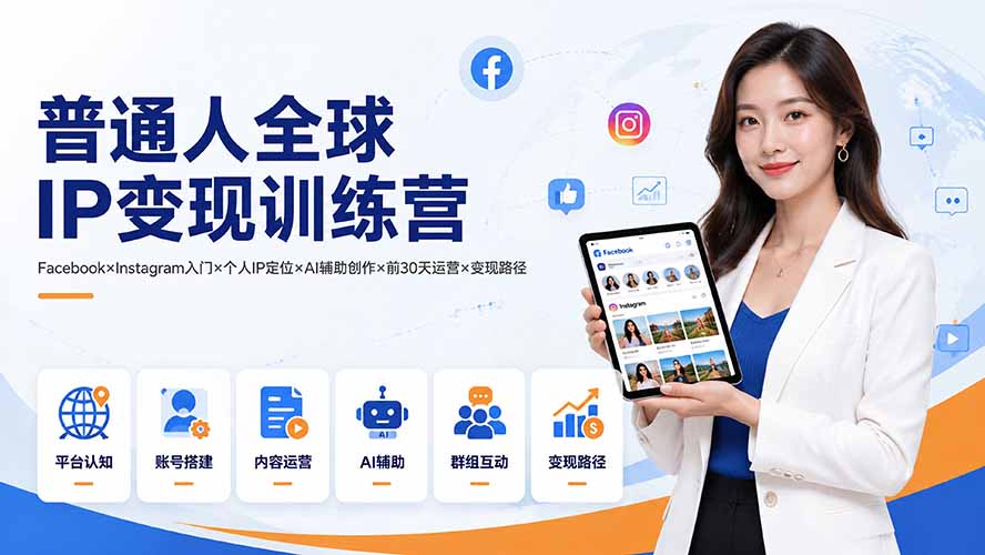 普通人全球IP变现训练营：Facebook×Instagram入门×个人IP定位×AI辅助创作×前30天运营×变现路径-吾爱自习网