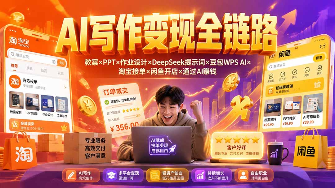 2026AI写作变现全链路：教案×PPT×作业设计×DeepSeek提示词×豆包WPS AI×淘宝接单×闲鱼开店×通过AI賺钱-吾爱自习网