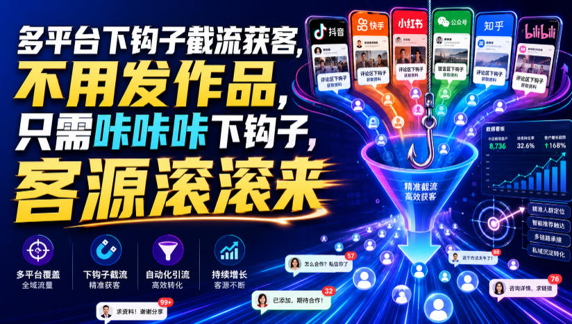 多平台下钩子截流获客,不用发作品,只需咔咔咔下钩子,客源滚滚来-吾爱自习网