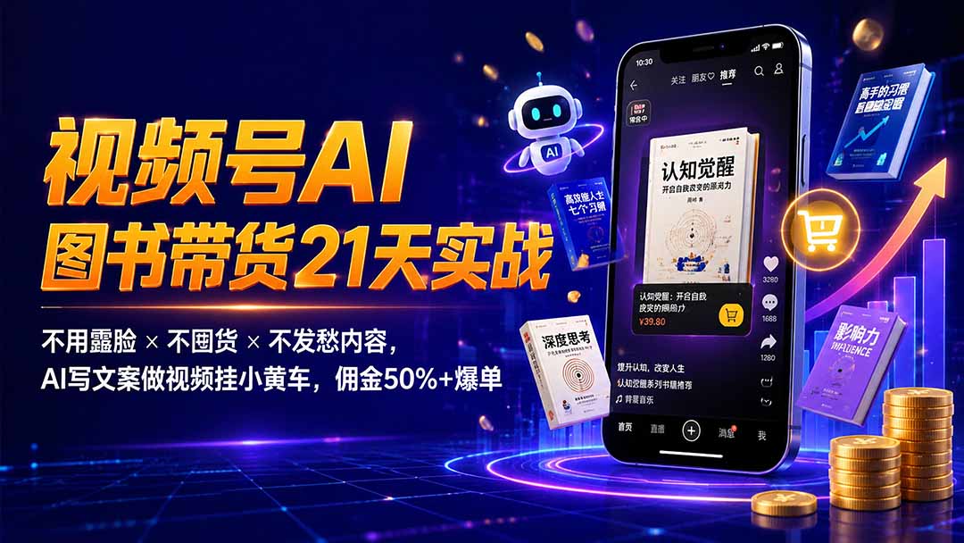 繁花视频号AI图书带货21天实战:不用露脸×不囤货×不发愁内容,AI写文案做视频挂小黄车,佣金50%+爆单-吾爱自习网