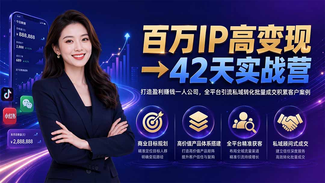 百万IP高变现→42天实战营｜打造盈利赚钱一人公司，全平台引流私域转化批量成交积累客户案例｜焦圣希 18818568866