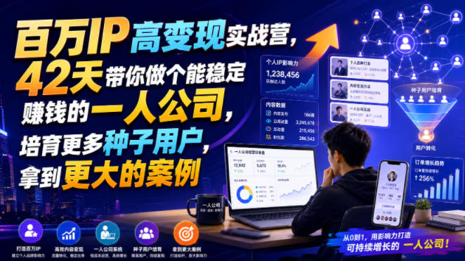 百万IP高变现实战营，42天带你做个能稳定賺钱的一人公司，培育更多种子用户，拿到更大的案例｜焦圣希 18818568866