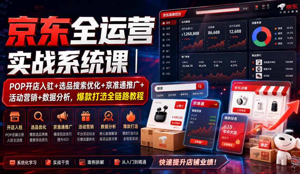京东全运营实战系统课｜POP开店入驻+选品搜索优化+京准通推广+活动营销+数据分析，爆款打造全链路教程｜焦圣希 18818568866