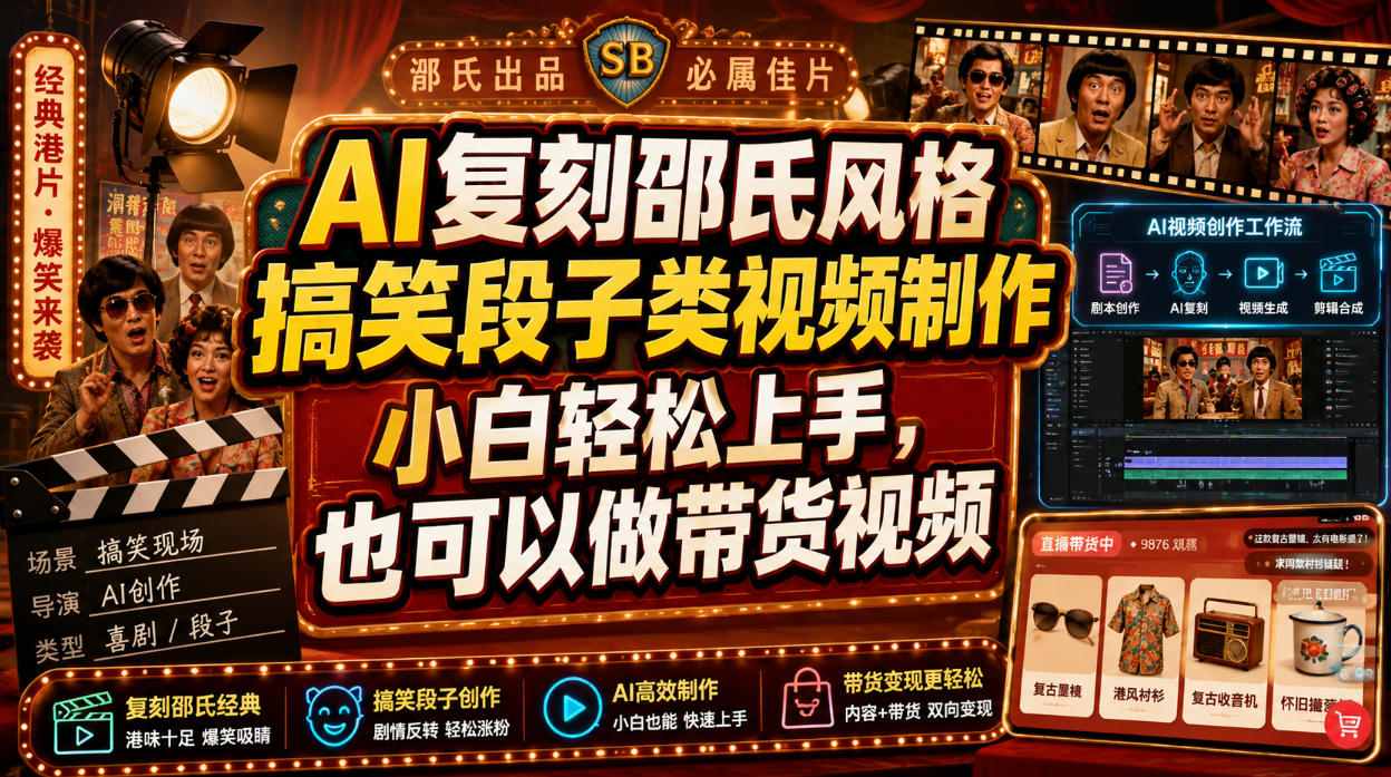 AI复刻邵氏风格搞笑段子类视频制作，小白轻松上手，也可以做带货视频-旺仔资源库