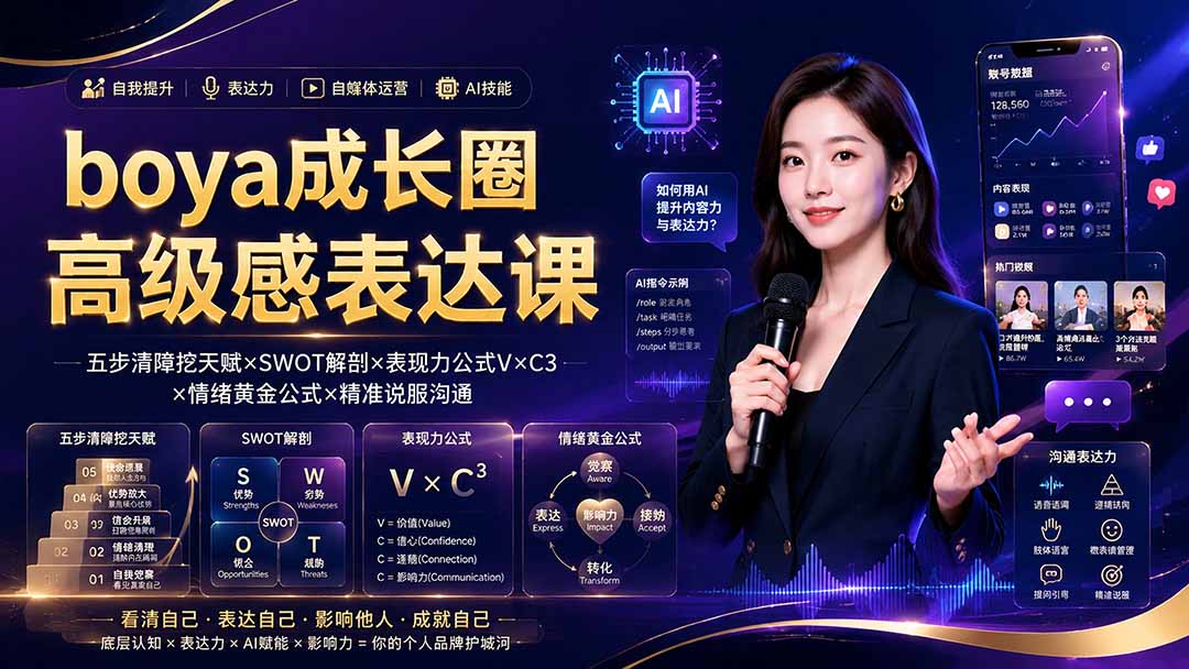 boya成长圈｜内心成长高级表达AI自媒体三合一，消解内耗挖掘天赋，镜头沟通AI指令短视频全流程教学-FANGXZHAN网创
