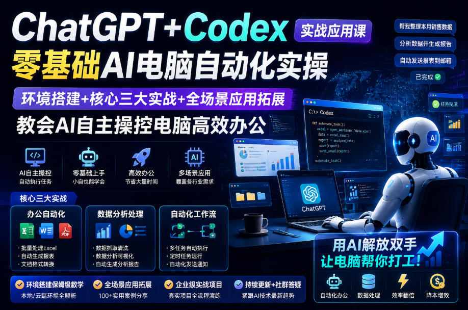 ChatGPT+Codex实战应用课｜零基础AI电脑自动化实操，环境搭建+核心三大实战+全场景应用拓展，教会AI自主操控电脑高效办公｜焦圣希 18818568866