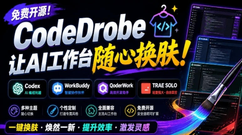 免费开源的CodeDrobe，让AI工作台随心换肤，支持Codex、WorkBuddy等，免费且本地运行！-吾爱自习网