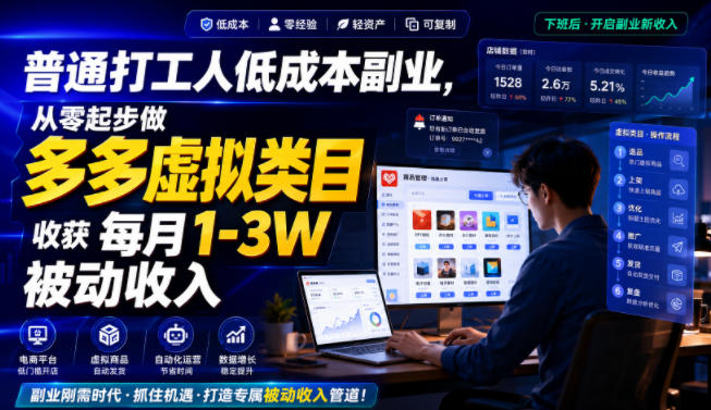 普通打工人低成本副业，从零起步做多多虚拟类目，收获每月1-3W被动收入【揭秘】｜焦圣希 18818568866