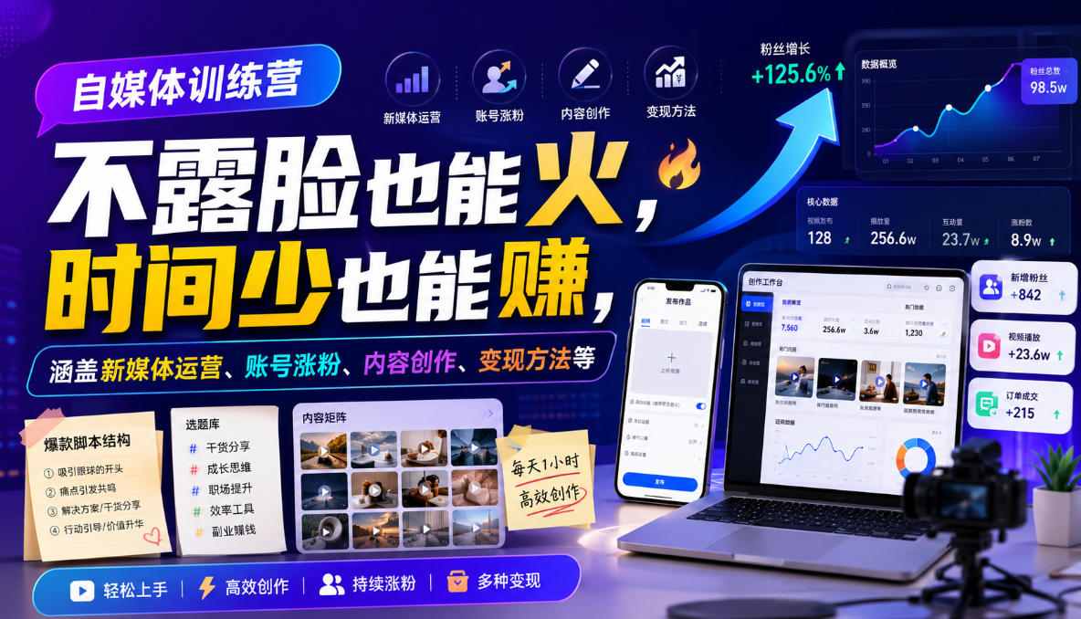 自媒体训练营，不露脸也能火，时间少也能賺，涵盖新媒体运营、账号涨粉、内容创作、变现方法等-小艾项目网