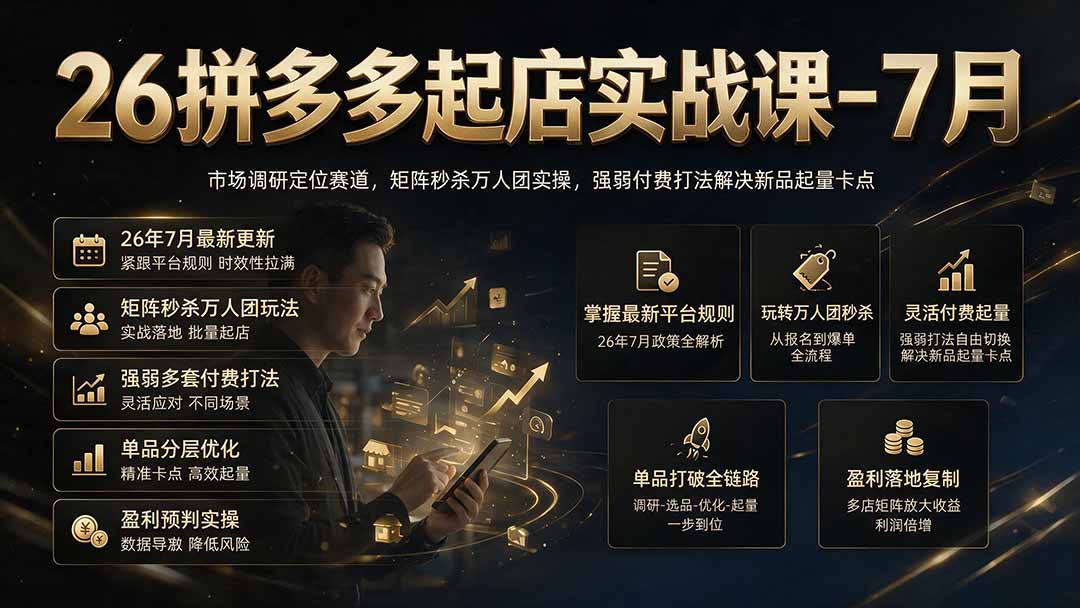 26拼多多起店实战课-7月｜市场调研定位赛道，矩阵秒杀万人团实操，强弱付费打法解决新品起量卡点-旺仔资源库