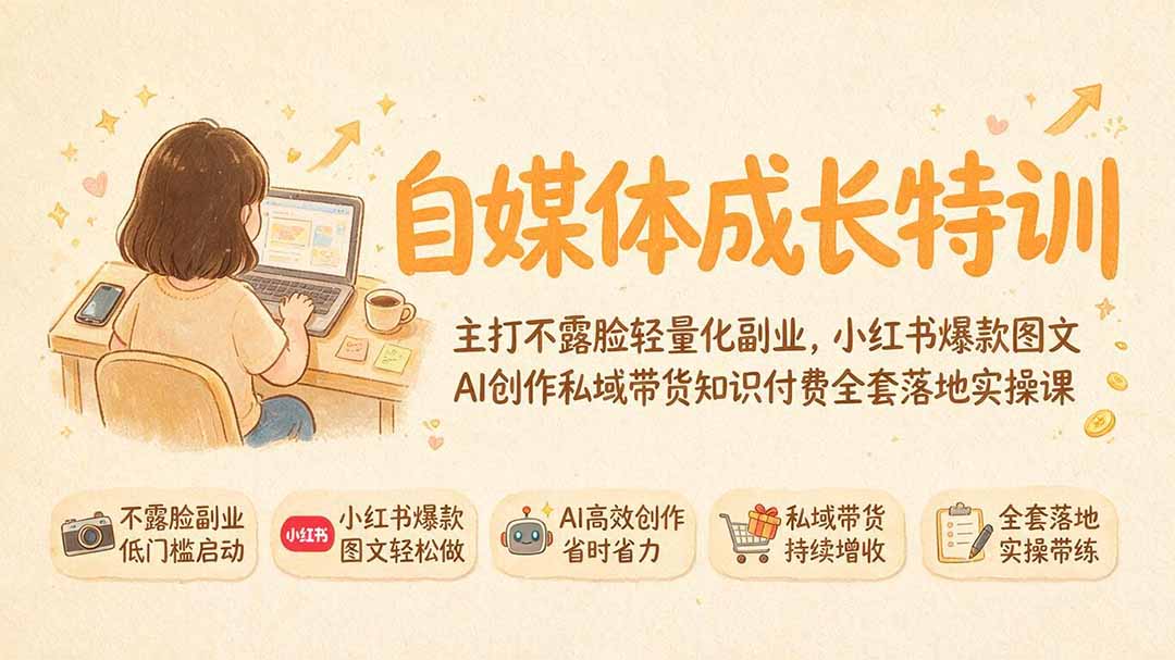 自媒体成长特训｜主打不露脸轻量化副业，小红书爆款图文AI创作私域带货知识付费全套落地实操课｜焦圣希 18818568866