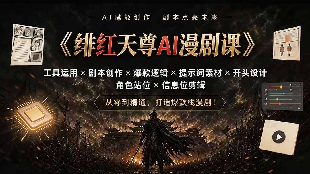绯红天尊AI漫剧课｜工具运用×剧本创作×爆款逻辑×提示词素材×开头设计×角色站位×信息位剪辑｜焦圣希 18818568866