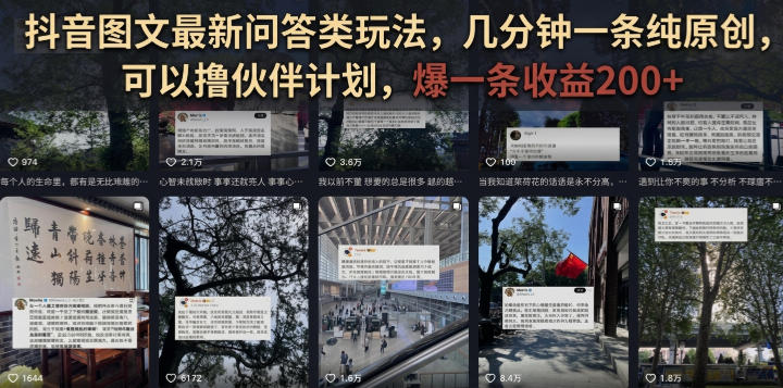 抖音图文最新问答类玩法，几分钟一条纯原创，可以撸伙伴计划，爆一条收益200+｜焦圣希 18818568866