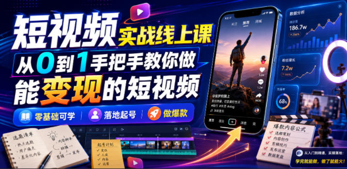 短视频实战线上课，从0到1手把手教你做能变现的短视频，零基础可学，落地起号做爆款｜焦圣希 18818568866