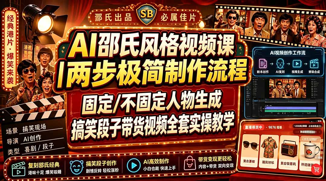 AI邵氏风格视频课｜两步极简制作流程，固定/不固定人物生成，搞笑段子带货视频全套实操教学｜焦圣希 18818568866