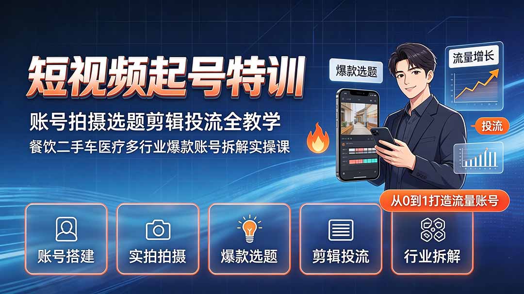 短视频起号特训｜账号拍摄选题剪辑投流全教学，餐饮二手车医疗多行业爆款账号拆解实操课｜焦圣希 18818568866