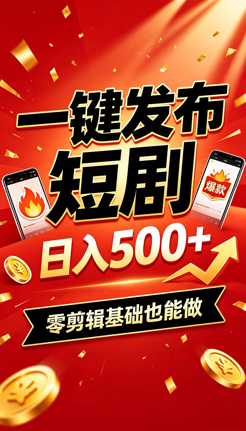 快手短剧一键发布，不用剪辑操作简单，副业日入500+。空闲时间轻松赚收益-旺仔资源库