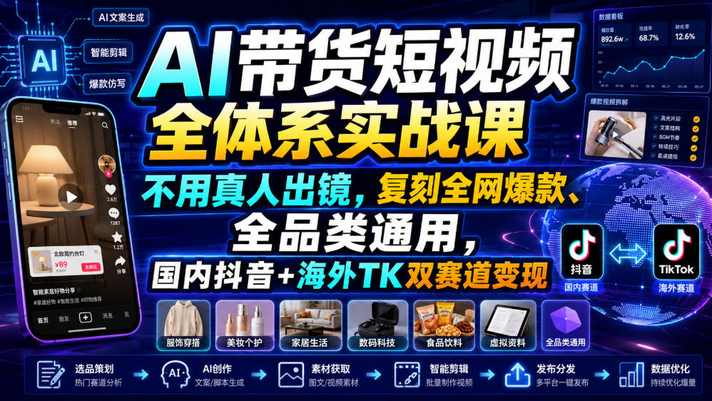 AI带货短视频全体系实战课，不用真人出镜，复刻全网爆款、全品类通用，国内抖音+海外TK双赛道变现-旺仔资源库