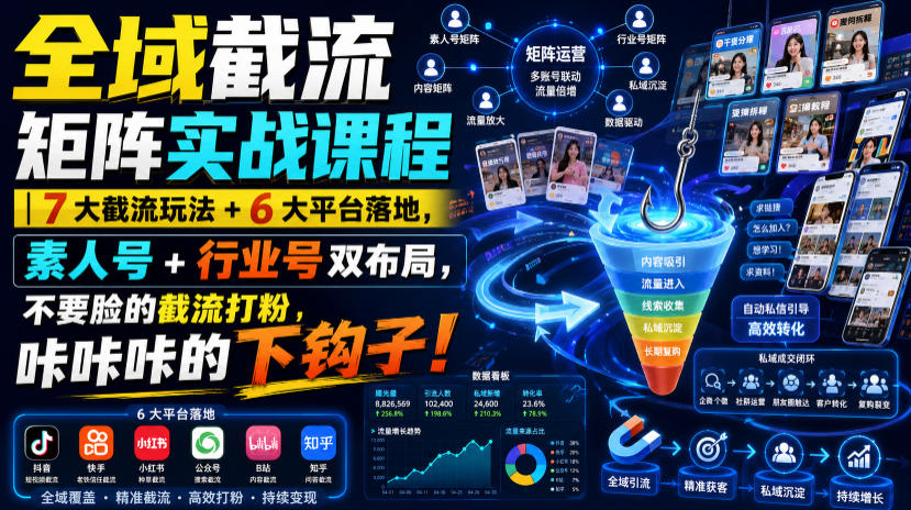 全域截流矩阵实战课程｜7大截流玩法+6大平台落地，素人号+行业号双布局，不要脸的截流打粉，咔咔咔的下钩子！-旺仔资源库