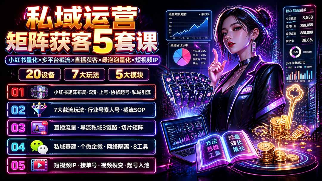 私域运营矩阵获客5套课：小红书量化×多平台截流×直播获客×绿泡泡量化×短视频IP×20设备×7大玩法-旺仔资源库