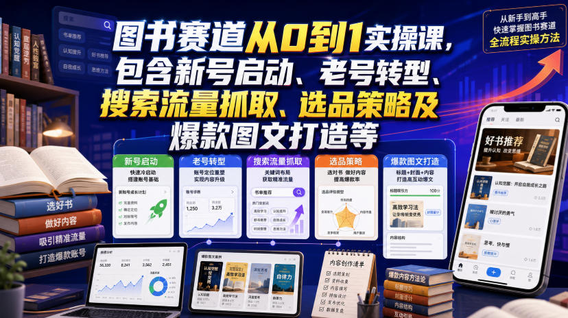 图书赛道从0到1实操课，包含新号启动、老号转型、搜索流量抓取、选品策略及爆款图文打造等｜焦圣希 18818568866