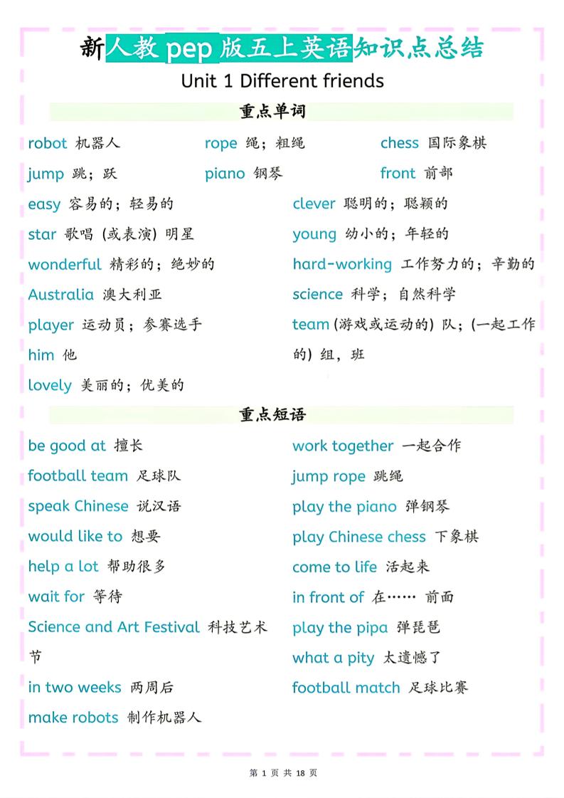 26秋新人教pep版五上英语知识点总结-吾爱自习网