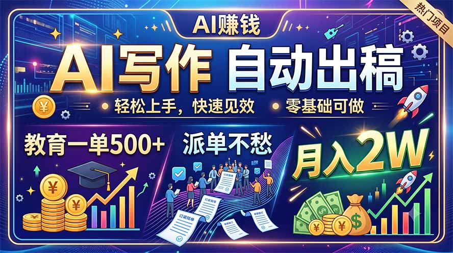 AI写作自动出稿，教育一单500+，派单不愁，月入2W-旺仔资源库