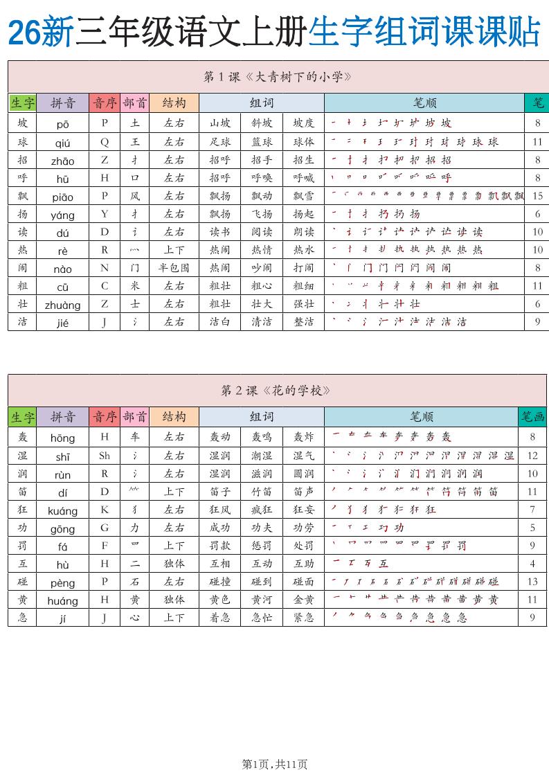 26新三上语文《生字组词课课贴》11页-吾爱自习网