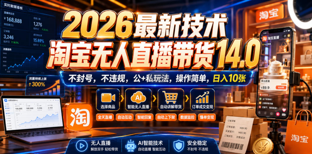 2026最新技术，淘宝无人直播带货14.0，不封号，不违规，公+私玩法，操作简单，日入10张【揭秘】-旺仔资源库