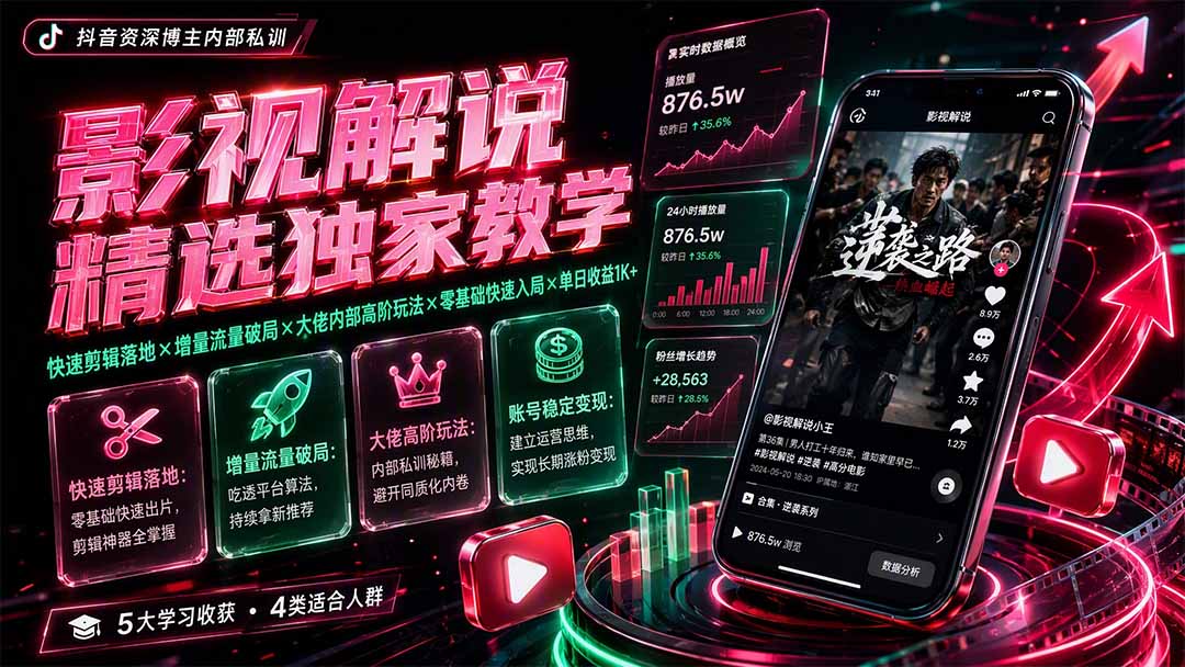 影视解说精选独家教学:快速剪辑落地×增量流量破局×大佬内部高阶玩法×零基础快速入局×单日收益1K+-旺仔资源库