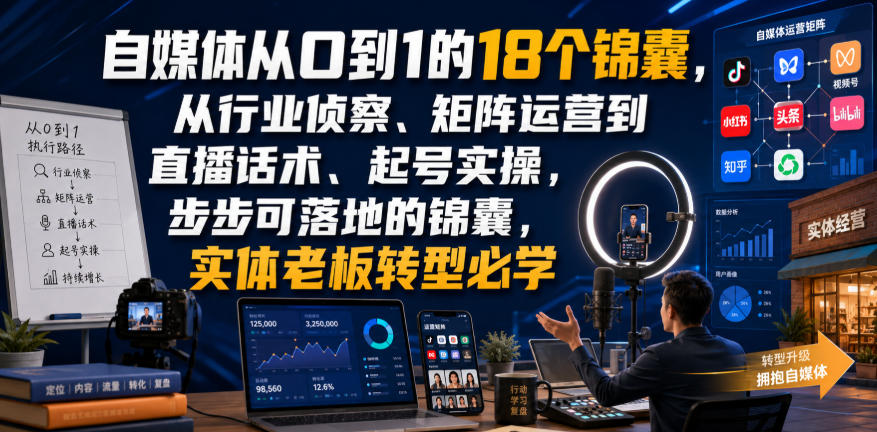 自媒体从0到1的18个锦囊，从行业侦察、矩阵运营到直播话术、起号实操，步步可落地的锦囊，实体老板转型必学｜焦圣希 18818568866